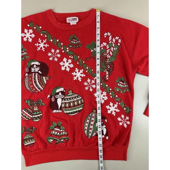 Vintage NutCracker Ugly Christmas Sweater M Red Cats Ornaments Glitter USA Made - Picture 6 of 9